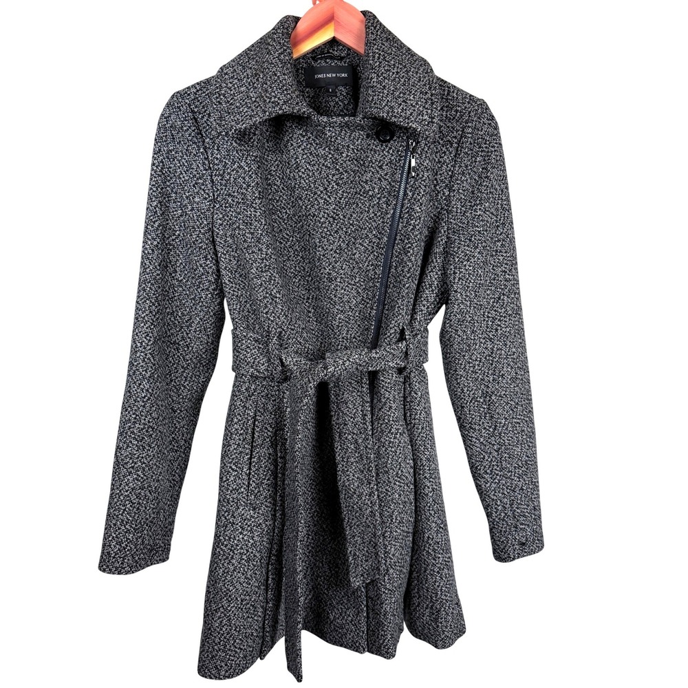 Jones New York Wool Blend Tweed Moto Coat 8 Asymmetrical Zip Belted Gray Black